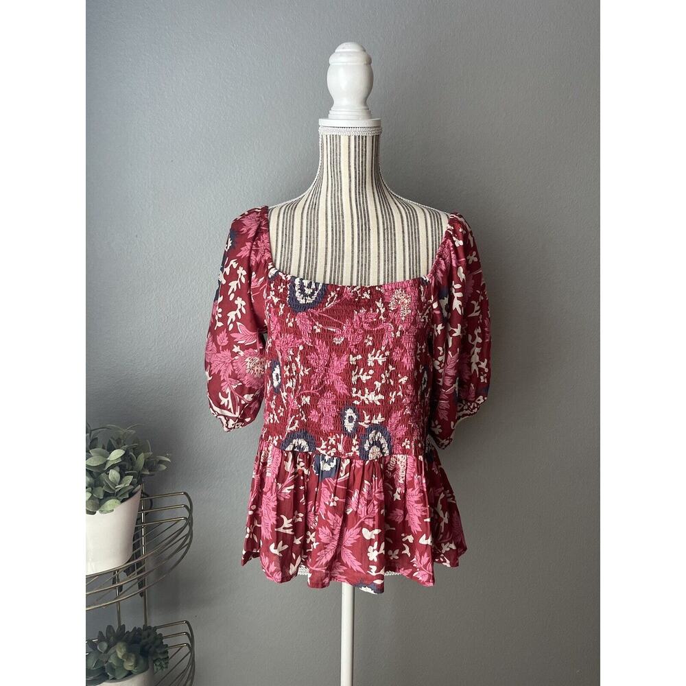 Smocked Floral Anthropologie Jennifer and Grace Puff Shoulder Top LARGE